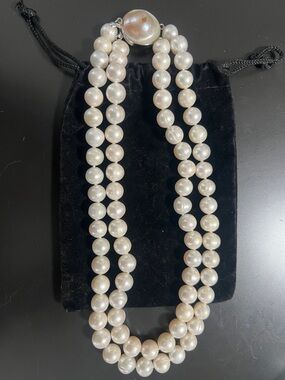 Fresh Water Classic Double Layer White Choker Pearl Necklace with Round Clasp